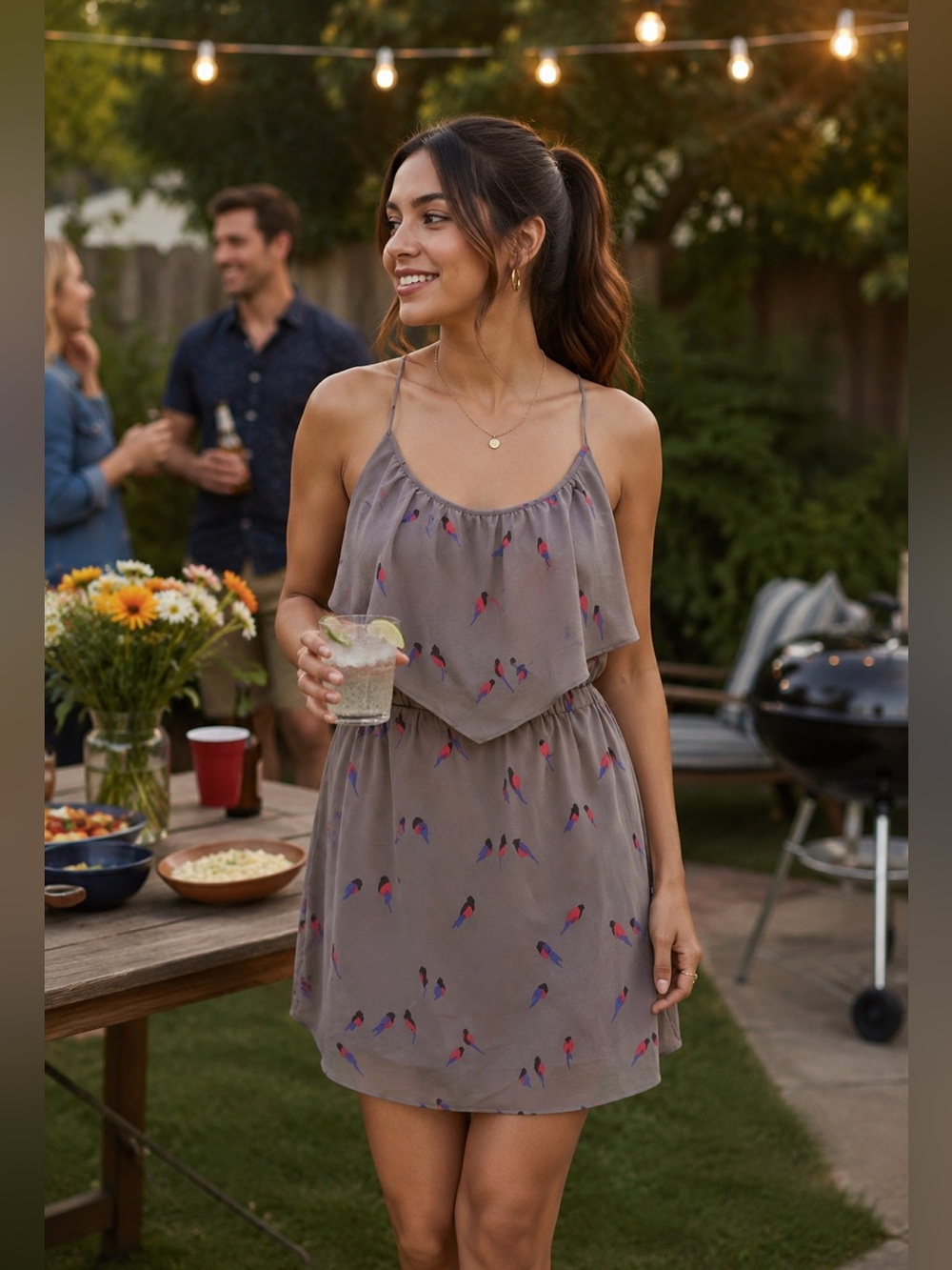 American Eagle Outfitters Taupe Mini Dress with Red & Blue Bird Print
